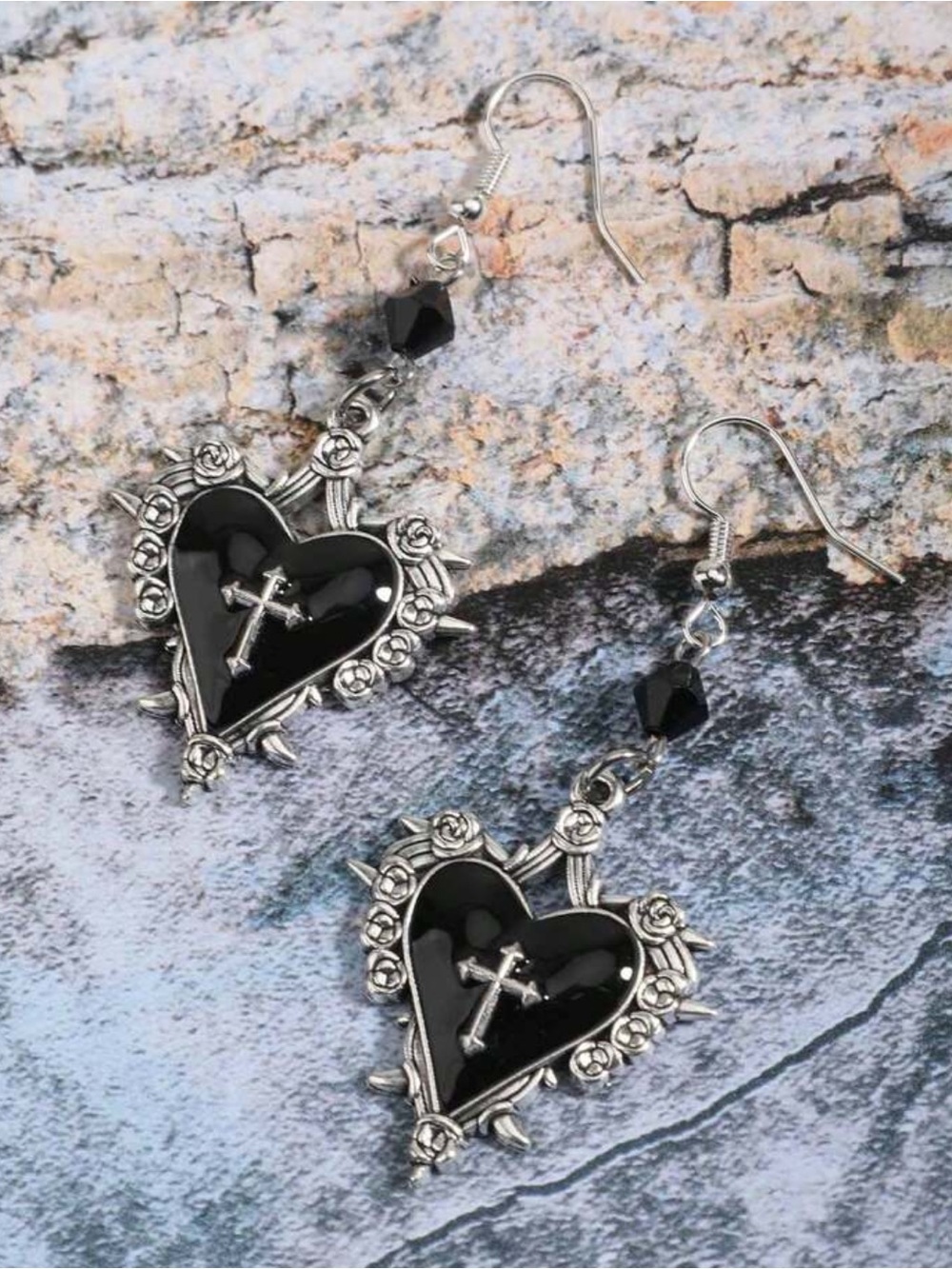 Black & Silver Gothic Heart Cross Earrings